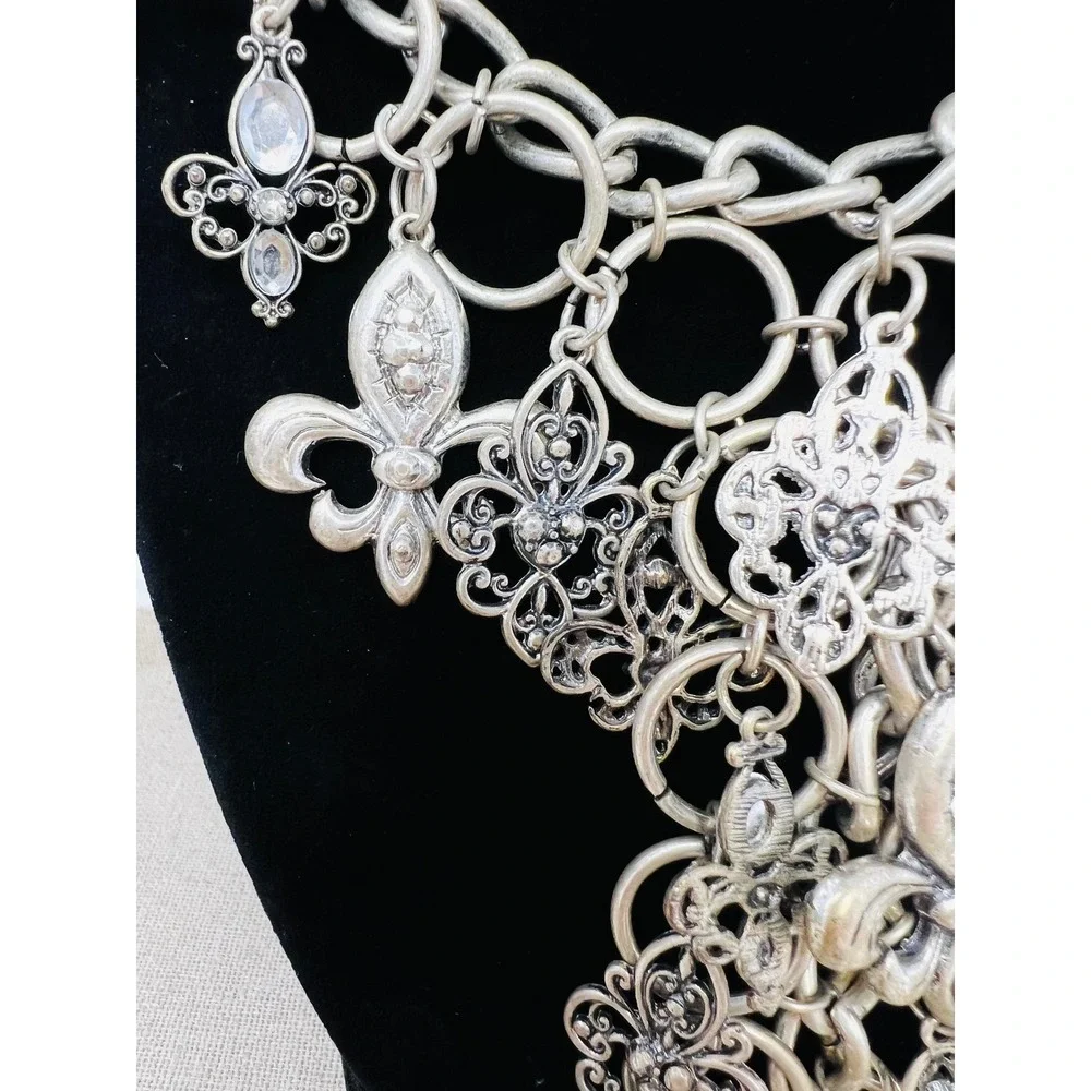 Unica Silver Tone Fleur De Lis Crystal Statement Bib Necklace Gothic Filigree